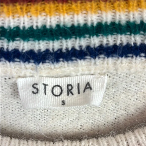 Storia White and Red Crew Neck Sweater with Multicolored Ribbing - Picture 2 of 6